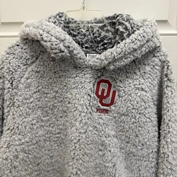 Victoria’s Secret PINK OU OKLAHOMA SOONERS Pullover Teddy Bear Fleece Hoodie L - Picture 2 of 10